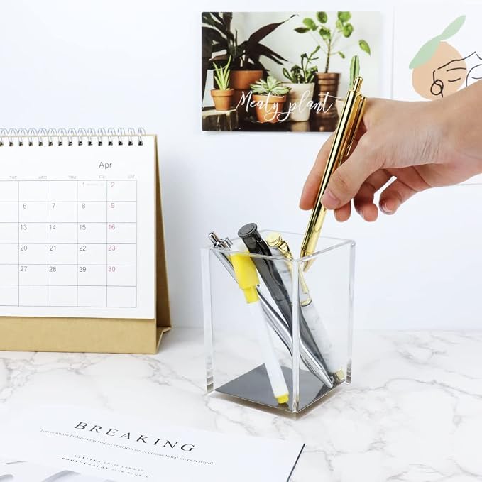 MEI YI TIAN Clear Acrylic Pencil Pen Holder Cup with Black Bottom, Desk Accessories Makeup Brush Holders Modern Design Desktop Organizer for Countertop Desk Accessory Storage