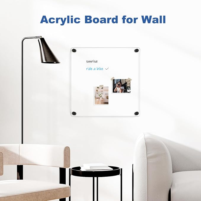 Clear Acrylic Dry Erase Board, 12" X 12" (Black) | Non-Magnetic Frameless Clear White Board for Wall, Erasable Acrylic Board for Wall, Home, Office, School, 2 Markers