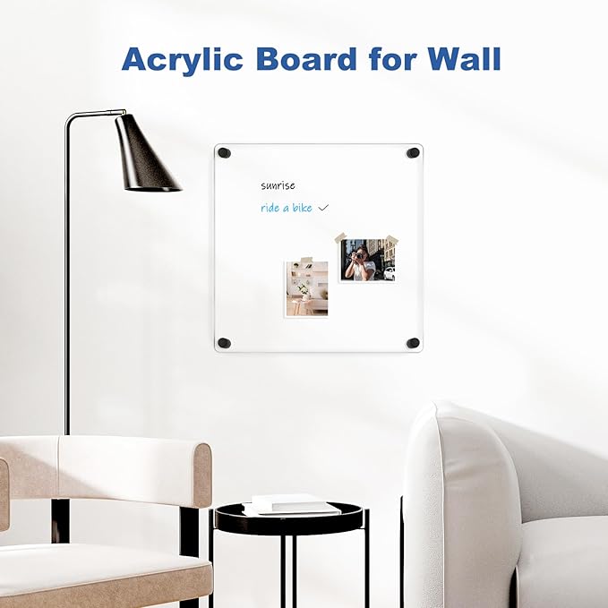 Clear Acrylic Dry Erase Board, 12" X 12" Non-Magnetic Frameless White Board for Wall, Clear Erasable Acrylic Board for Wall, Home, Office, School, 2 Markers
