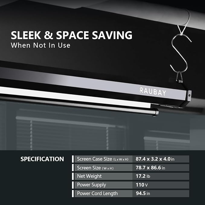 RAUBAY Motorized Pull Down White Screen Backdrop - 78.7" x 86.6" Collapsible Wall-Mount Background for Professional Video Production, Photography Studio, Video Conferencing and YouTube, TikTok Creator