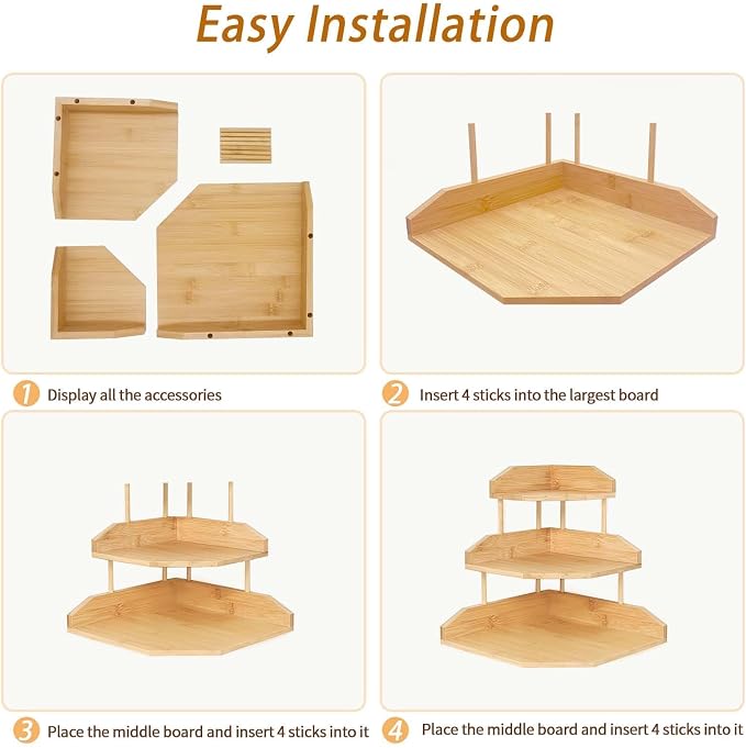 Bamboo Corner Desk Organizer Shelf, 3-Tier Triangle Storage Rack for Office & Home, Space-Saving Desktop Shelf for Books, Stationery, Makeup, Small Items