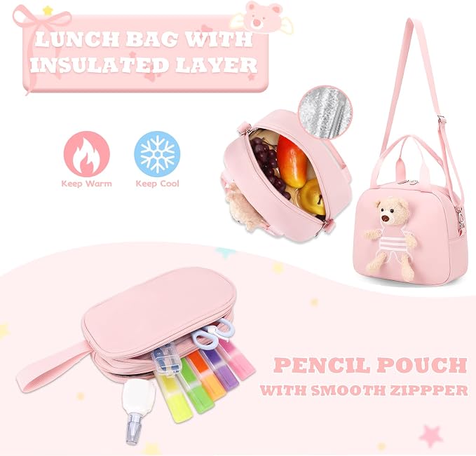 ACESAK Backpack for Girls with Insulated Water Bottle - 4 PCS Cute Girls Backpack with Lunch Box, Pencil Case & Kids Cup Set - 14oz Kids Water Bottle with Straw Set Back to School Supplies (Pink)