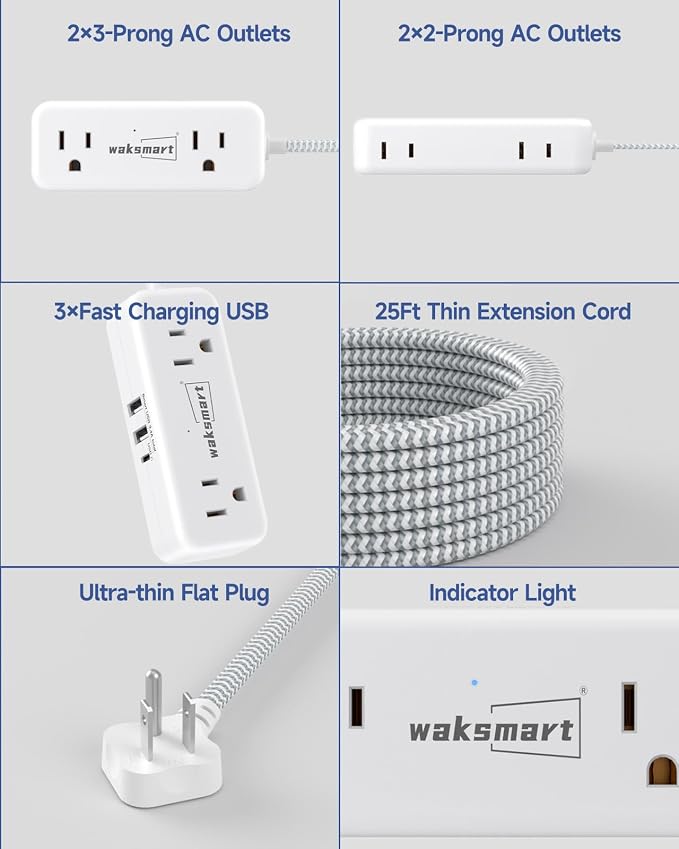 Flat Extension Cord 25 FT with 4 AC Outlets 3 USB Ports (5V/3.4A 17W), 25Ft Long Braided Cord for Home Office Dorm
