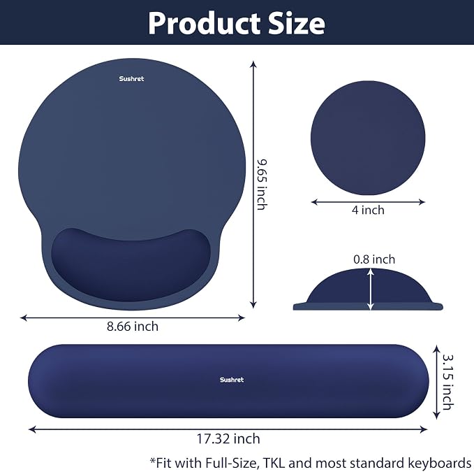Sushret Mouse Pad and Keyboard Wrist Rest, 3-in-1 Gel Memory Foam Ergonomic Mouse Pad with Wrist Rest Set, Gaming Mousepad Arm Cushion Support for Computer Office Desk Accessories Cute Setup,Dark Blue