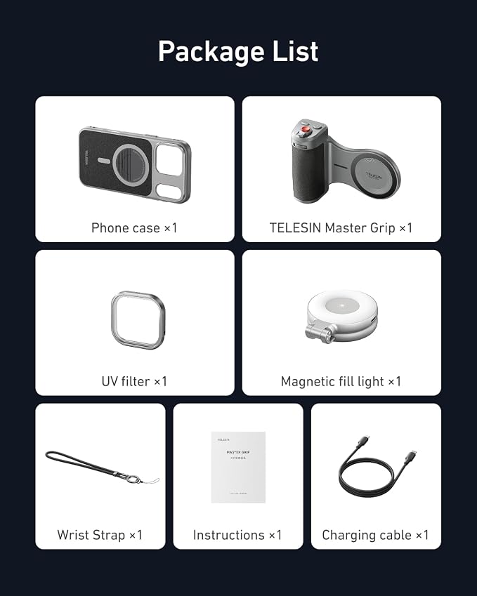 TELESIN Master Grip Universal for iPhone/MagSafe, Magnetic Phone Camera Grip with C03 Selfie Light Creator Kit Built 3200mAh Battery Wireless Charging -【Graphene Case Only for iPhone 17 Pro Max】