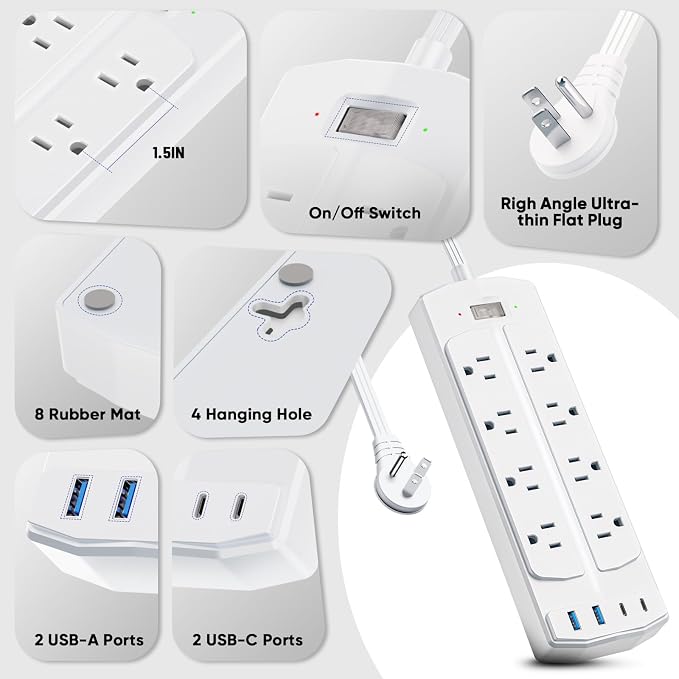 Flat Plug Power Strip, Yozisital Extension Cord with 8 AC Outlets & 4 USB Ports (2 USB-C), 5 FT Power Cord, Wall Mount, Desk Charging Station for Home Office, White