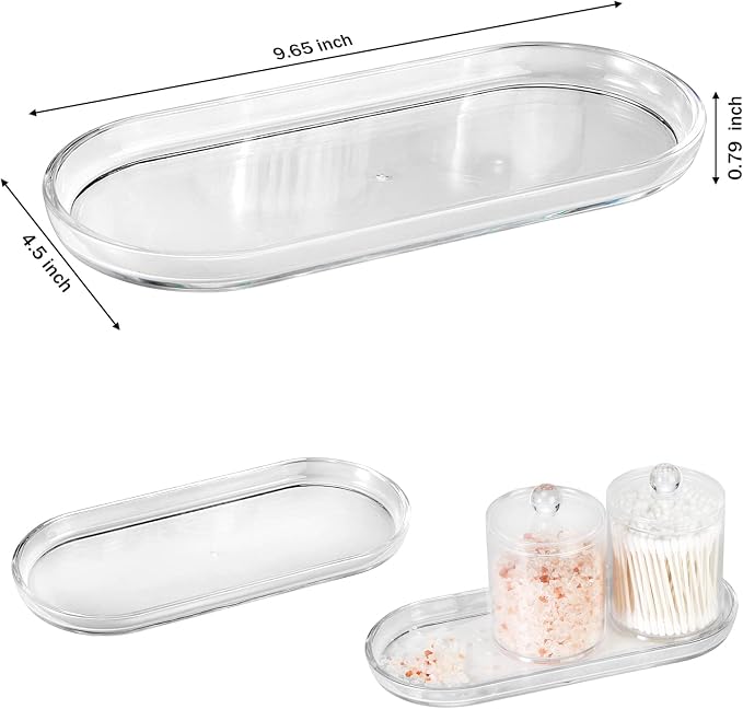 SheeChung Acrylic Vanity Tray, 2 Pack, Clear, 9.65 in x 4.5 in x 0.79 in, Catchall Tray, Countertop Sink Tray Dispenser, Sturdy Holder for Cabinet, Shelf, Cupboard, or Closet Organization | 9.65" x 4.5", Perfume Jewelry Candle Dispenser Catchall Tray, ...