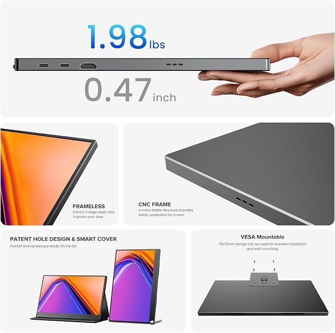 UPERFECT True Color Portable Monitor 15.6”, NxtLED™ Eye Care Laptop Monitor, 125% sRGB 1080P, Flicker-Free Low Blue Light Display, USB-C & HDMI & VESA, Travel Second Screen for Computer, Game Consoles