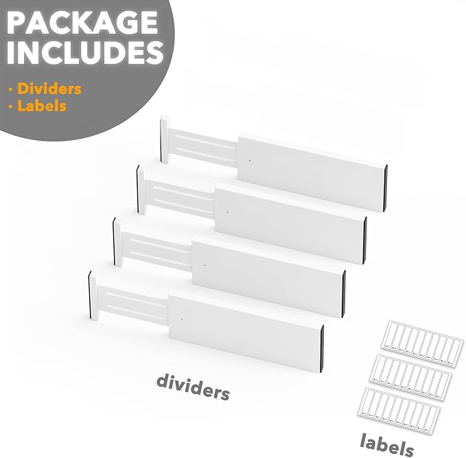SpaceAid Bamboo 4 Pack Dresser Drawer Dividers, 4.65“ High Adjustable 12.5“-17” Drawer Organizers, Expandable Organization for Clothing, Clothes, Dressers, White