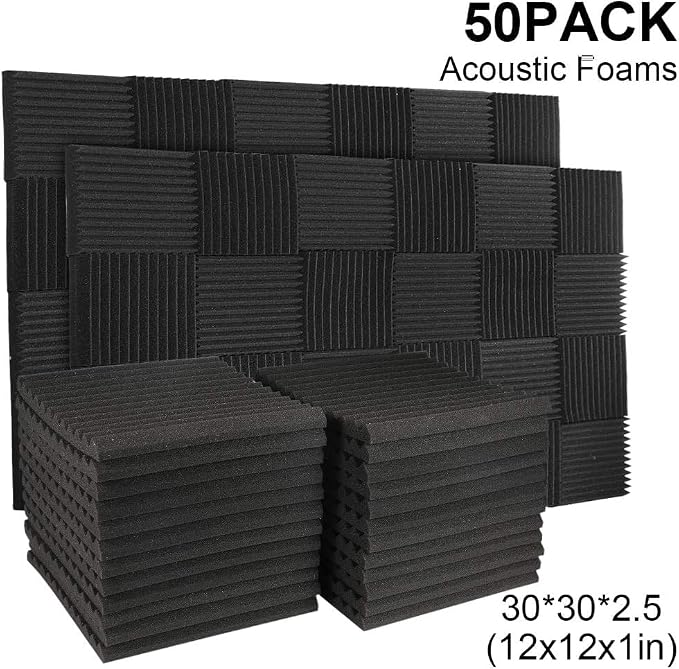 Burdurry 50 Pack Acoustic Panels Soundproof Studio Foam for Walls Sound Absorbing Panels Sound Insulation Wedge for Studio, 1" X 12" X 12" (Black)