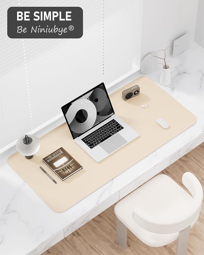 Desk Pad, 35.5" x 17" PU Leather Non-Slip Desk Mat Large Mouse Pad for Desktop, Waterproof Laptop Computer Writing Mat for Office, Home, Work, Gaming, Beige