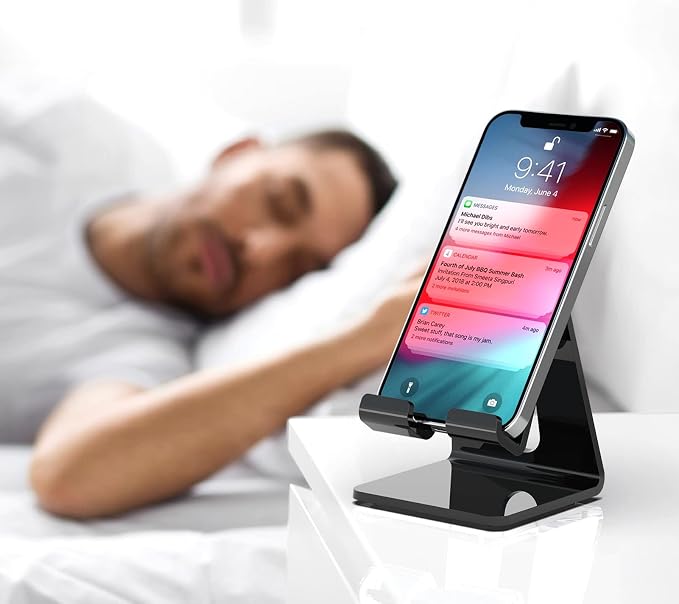 Crpich Acrylic Phone Stand, Ergonomic Design for Apple iPhone and Samsung Galaxy, Compatible with 4-8 Inch Screens, Black