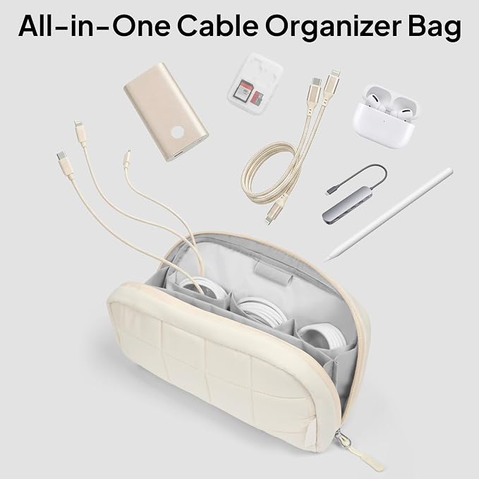 TOPEAST Quilted Cable Organizer Bag, Soft Tech Pouch & Travel Electronics Case with Elastic Pen Loop, Tangle-Free Cord Organizer for Women, Office Desk, AirPods, Chargers & Accessories, Beige