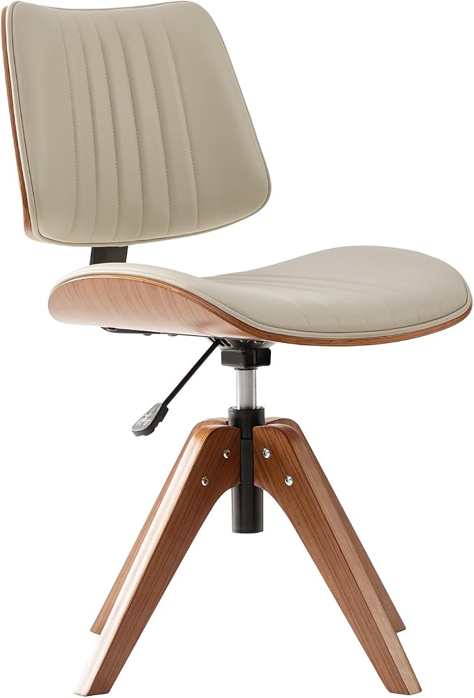 HULALA Home Faux Leather Home Office Desk Chair No Wheels, Ivory | Mid-Century Modern Desk Chair with Wood Legs, 360° Swivel Computer Task Chair with Channel-Tufted Backrest, Height Adjustable