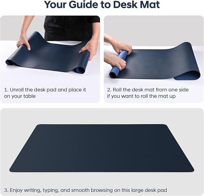 Leather Desk Pad Protector, Office Desk Mat, Large Mouse Pad, Non-Slip PU Leather Desk Blotter, Waterproof Computer Desk Writing Pad for Office and Home (Dark Blue, 23.6" x 13.7")