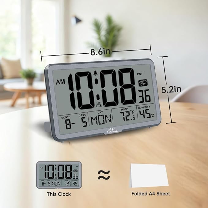 WallarGe Auto Set Digital Wall Clock Battery Operated, Auto DST | Desk Clock with Temperature, Humidity and Date, Large Display Digital Calendar Alarm Clock for Bedroom, Office, Classroom