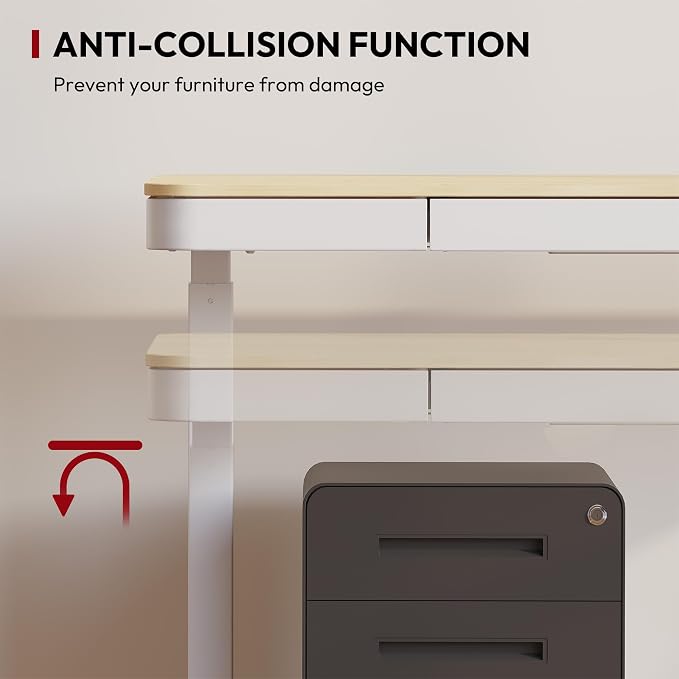 SANODESK Electric Standing Desk with Drawer, Desktop & Adjustable Frame with USB Charge Ports (Bamboo-Look Laminate/White, Wood)