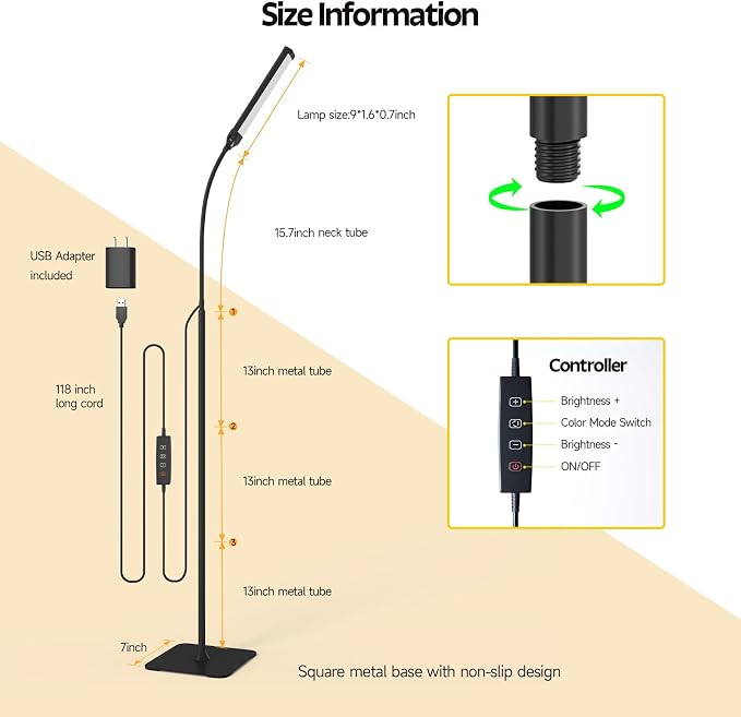 Aisutha LED Floor Lamp, Reading Lamps Adjustable Stepless Colors & Brightness Standing Lamp, Nail Tech Lamp, Lash Light for Eyelash