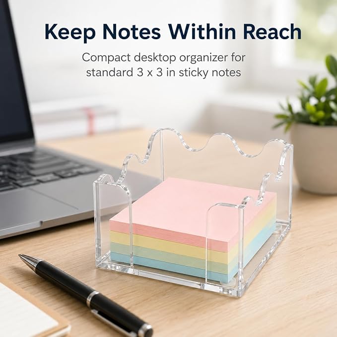 3x3 Inch Scalloped Acrylic Sticky Note Holder, Clear Cute Post It Note Dispenser, Notepad Holder with Wave Design, Thick Acrylic Desk Organizer for Office, Home, Dorm, Classroom (Crystal Clear)