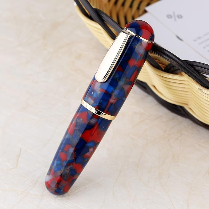 Majohn Q1 Fountain Pen Extra Fine Nib Blue Red Acrylic, Little Fat Man Eyedropper Filling Pocket Pen Large Capacity