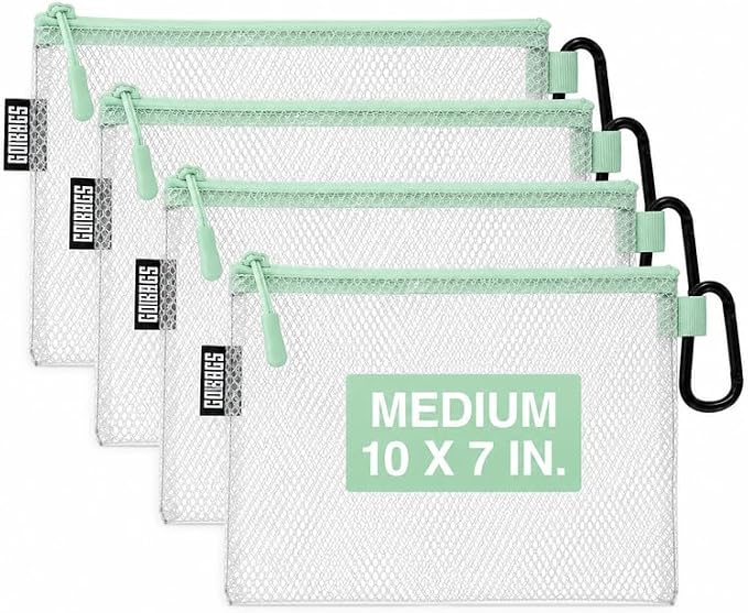 GOBAGS Air Production Medium Clear Zipper Pouch (4-Pack) – Cable Organizer & Travel Gear Bag for Electronics, Camera Accessories, Tool Pouch & Small Tech Storage (Mint Green)