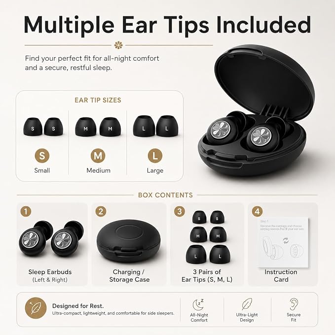 45dB Ear Plugs for Sleeping, Soft Silicone for Side Sleepers, 4 Sizes | Reusable soft silicone with XS/S/M/L sizes for side sleepers, concerts, flights and hotels; carrying case included.