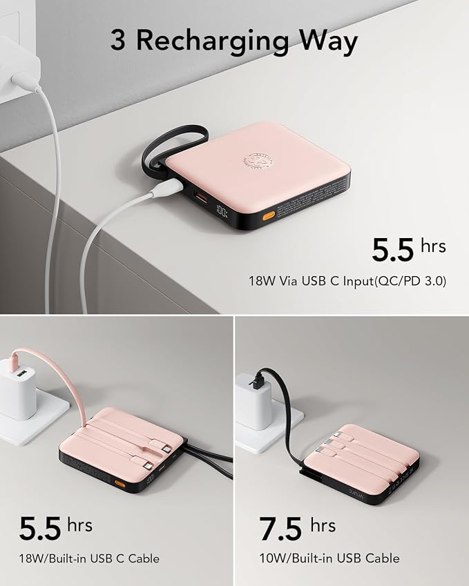 VRURC 20000mAh Power Bank Built-in Cables, Travel Essentials, Portable Charger 22.5W Fast Charging USB C Battery Pack, Phone Battery Bank for iPhone 17/16/15 Series, Android Phone - Pink(1 Pack)
