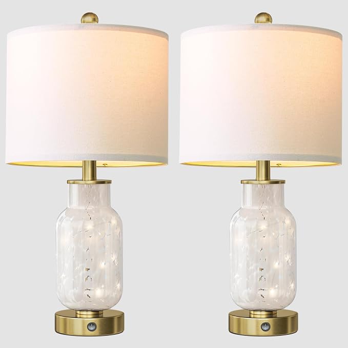 Oneach 22" Glass Table Lamps Set of 2, White Modern Bedside Lamp with LED Night Light for Living Room, Nightstand Lamp with USB Ports for Bedrooms, Study Room, End Table(2 Bulbs Included)
