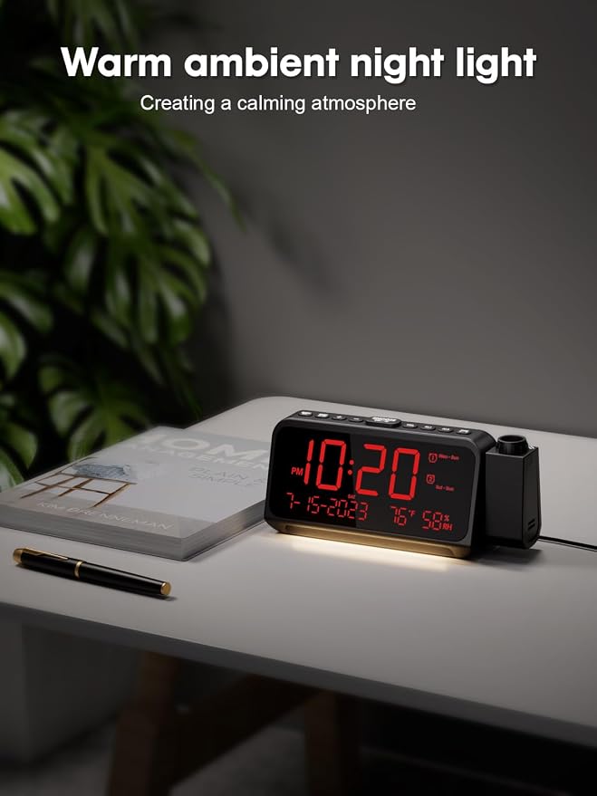 ROCAM Projection Alarm Clock with 180° Ceiling Projector & Digital Display | 5-Level Dimmer, Dual Alarms, Night Light, Temp & Humidity Display, Weekday/Weekend Mode, DST, Snooze Function for bedroom