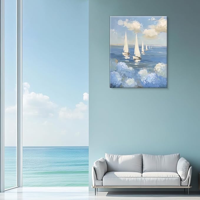 Coastal Ocean Hydrangea Wall Art Decor Nautical Sailboat Picture Painting Artwork Blue Ocean Wall Decor for Home Beach Room Bedroom 8x10 Canvas Framed