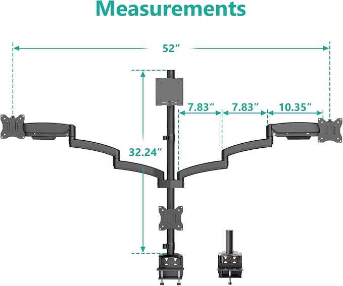 WALI Stacked Quad Monitor Mount for 49" UItrawides and Three 27" Monitors | Tall 4 Monitor Stand up to 44 lbs,Full Motion with Tilt, Swivel, C-Clamp & Grommet Base, VESA 75/100mm (GSDM004S-P), Black