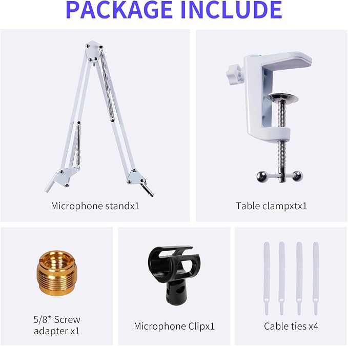 FEELWORLD AMS1 Microphone Boom Arm, Adjustable Mic Arm Stand with 3/8” to 5/8” Screw, Compatible with PM1 and other Mics for Podcast Straming Gaming Studio (White)
