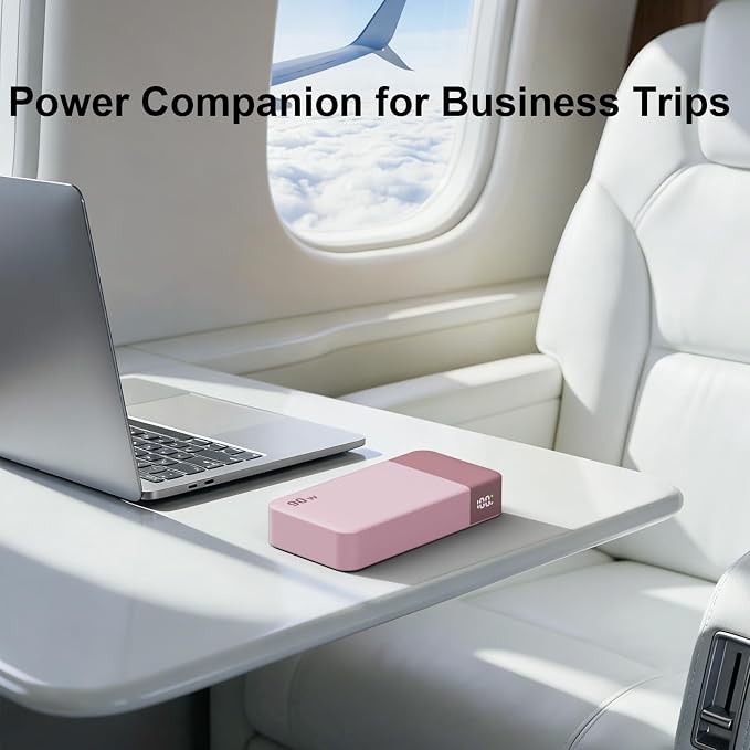 JUOVI Portable Charger, 90W Laptop Power Bank 20000mAh Portable Phone Charger, Power Bank Fast Charging with 2 USB-C & 2 USB-A Ports,Battery Bank for MacBook iPhone 17/16/15 Series, Galaxy(Pink)