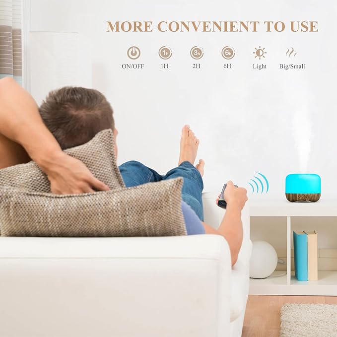 Aromatherapy Essential Oil Diffuser for Room: 500ml Colorful Aroma Air Humidifier with Adjustable Cool Mist Mode, Waterless Auto Off Ultrasonic Diffusers for Large Room Home Office(Brown)