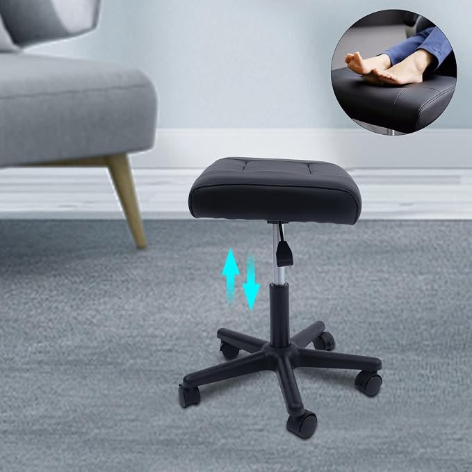 Footrest Stool Under Desk, 15.75-20in Height Adjustable Footrest, Leg Rest Ottoman, Ergonomic Office Foot Stool, with 360° Rolling Wheels, Portable for Home, Train, Load Capacity 220LBS Black