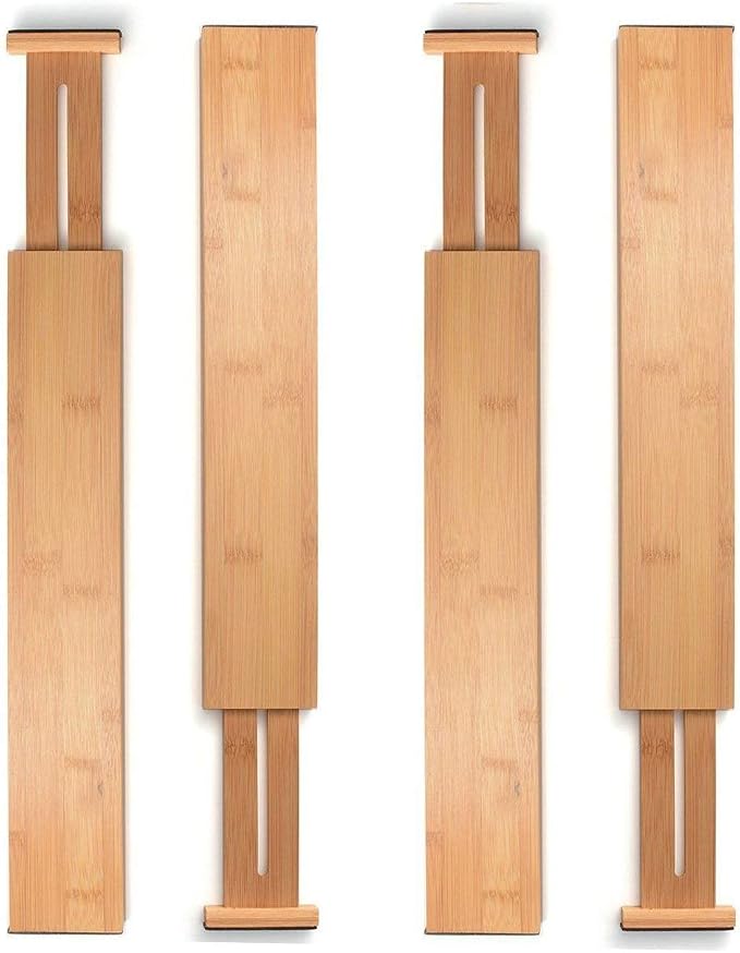 MEKBOK 4-pack Bamboo Kitchen Drawer Divider, Adjustable Drawer Storage, Spring loaded, Suitable for kitchens, Dressing tables, Bathrooms, bedrooms, Drawers, Desks
