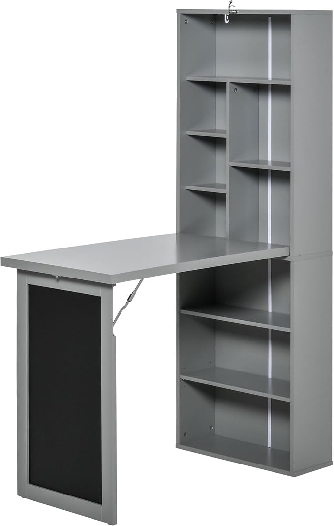 Folding Wall Mounted Desk with Storage, Expandable Hidden Computer Desk, Foldable Space-Saving Pull Out Murphy Table, Writing Table with Blackboard for Home Office Bedroom Small Spaces (Charcoal grey)