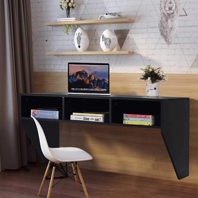 Giantex Wall Mounted Desk Floating Computer Desk, Writing Study Table W/3 Storage Shelves, Laptop PC Table for Living Room, Bedroom, Office (Black)