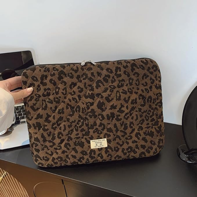 Leopard Puffy Laptop Sleeve 11,13,15 Inch Cheetah Print Quilted Laptop Case Protective Padded Computer Sleeve for MacBook