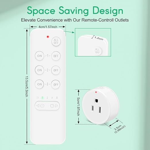 NineLeaf Remote Timer Outlet, Wireless Remote Control Plug Programmable, 500FT Long Range, 15A/1500W Plug in Light Switch, No Wiring Needed for Lamps, Fans, Christmas Lights,1Remote 1Outlet