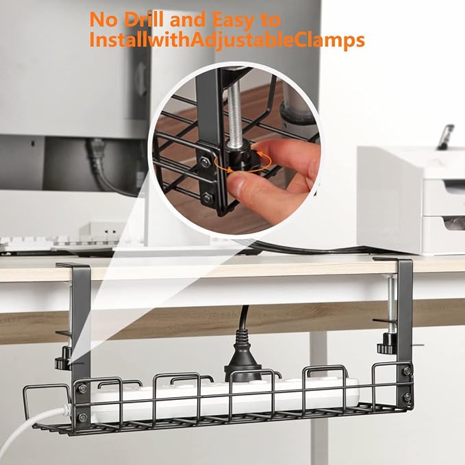 Under Desk Cable Management Tray L 14.9'' W 5.9'' | Under Desk Cable Organizer Rack, No Drill Wire Cord Tray for Home Office Workstation, PC, Computer, Desktop & Laptop