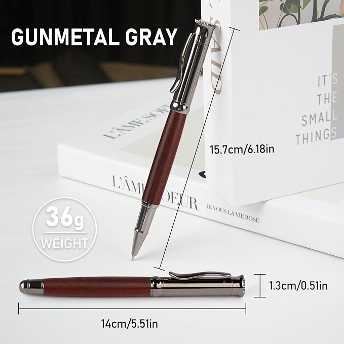 WEMATE Wood Rollerball Pen Set, Extra 2 Ink Refills(1 Black & 1 Blue), Fancy Writing Pen Nice Luxury Office Gift for Men, Professional and Executive, Cool Wooden Pen for Journaling - Red Padouk