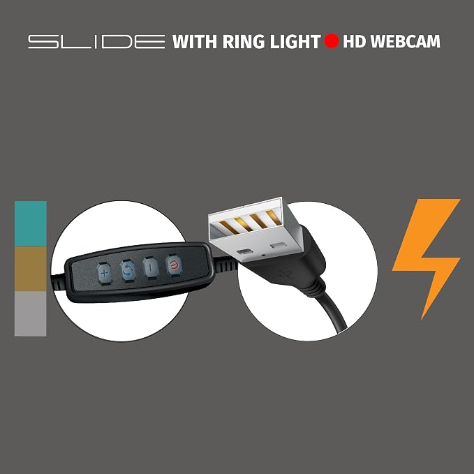 Slide 720P HD Webcam with Portable Ring Light and Clamp-on Stand, Streaming Camera with Mic, 30 FPS, 30 Light Modes, 2 Flexible Arms, Secure Clamp, Includes Sliding Lens Cover and USB Cable