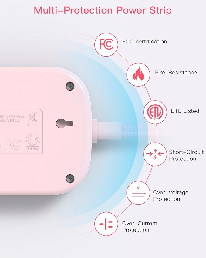 Cruise Essentials 2026,Travel Power Strip with USB C,Flat Plug Extension Cord 10 ft with 3 Outlets 4 USB Ports(2 USB C), Desk Wall Outlet Extender,Non Surge Protector for Cruise,Dorm Room,ETL-Pink
