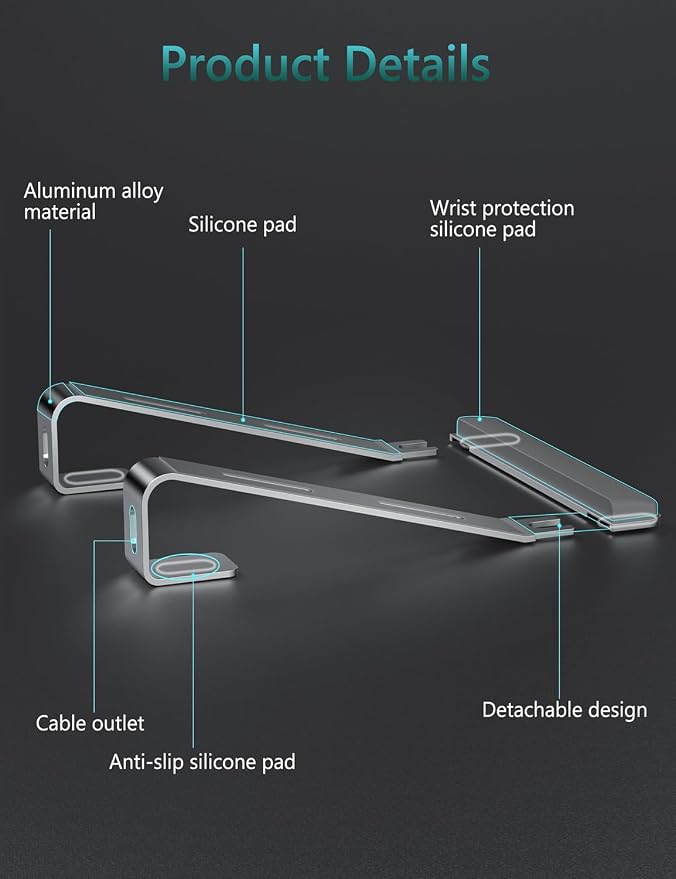 JCZT Aluminum Laptop Stand, Laptop Riser with Wrist Rest, Silver | Ergonomic Detachable Portable Laptop Stand for Desk, Notebook Holder Compatible with MacBook Air Pro, All 10-17'' Laptops