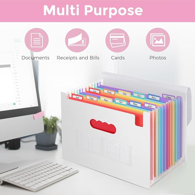 SKYDUE Accordion File Organizer, Expanding File Folder with 13 Pockets, Portable Document Paper Bill Receipt Organizer, Home School Office Supplies, Letter A4 Size White