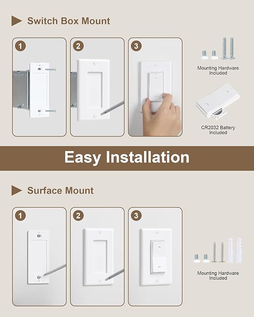 Remote Control Outlet, Decorator Rocker Wall Switch, 200FT Long Range Wireless Light Switch, Mini Remote Outlet Plug, 15A/1875W High-Power for Lamps, Lights, Household Appliances, ETL Listed