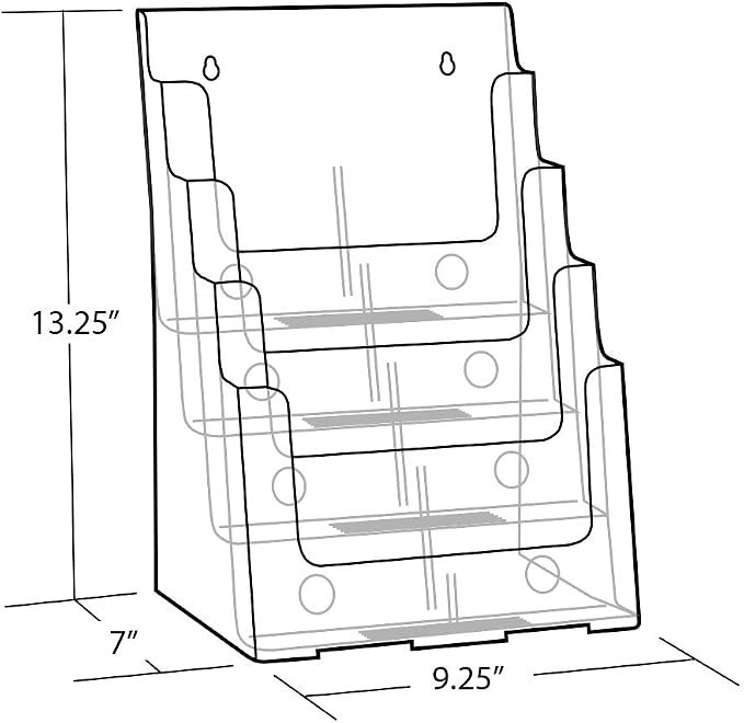 Azar Displays 252376 Four Tier, Four Pocket Letter Brochure File Holder for Flyer, Office Supplies, Paper Document or Magazines, Clear Organizer for Wall and Counter Desktop Stand, 8.5" x 11"