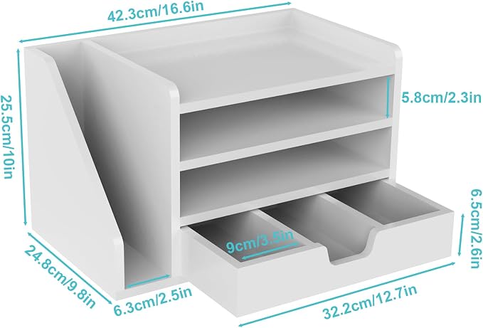 Multi-Tier Wood Desk File Organizer with Side File Rack, 3 Tray Shelves & Adjustable Drawer - Space-Efficient Design Easy to Assemble for Efficient Office Setup, Reduces Desk Clutter (White)