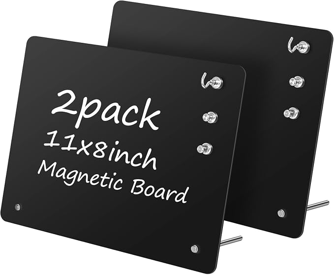 2 Pack Small Magnet Board - Black Magnetic Board | 11x8Inch Metal Magnetic Bulletin Board with 6 Magnets, Magnet Display Stand for Home School Kitchen Office